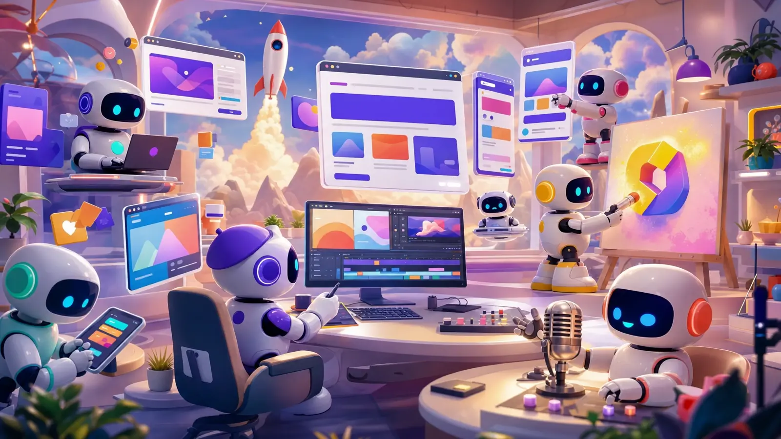 Colorful 3D cartoon robots building websites, apps, and videos inside the KENSTAR creative studio