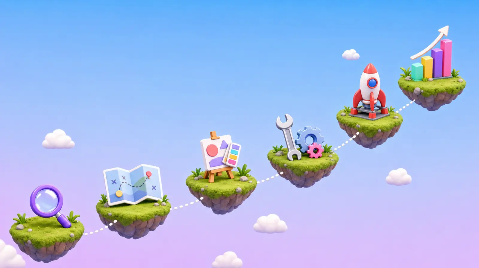 A winding journey across six floating cartoon islands, from a magnifying glass to a rocket and a rising chart