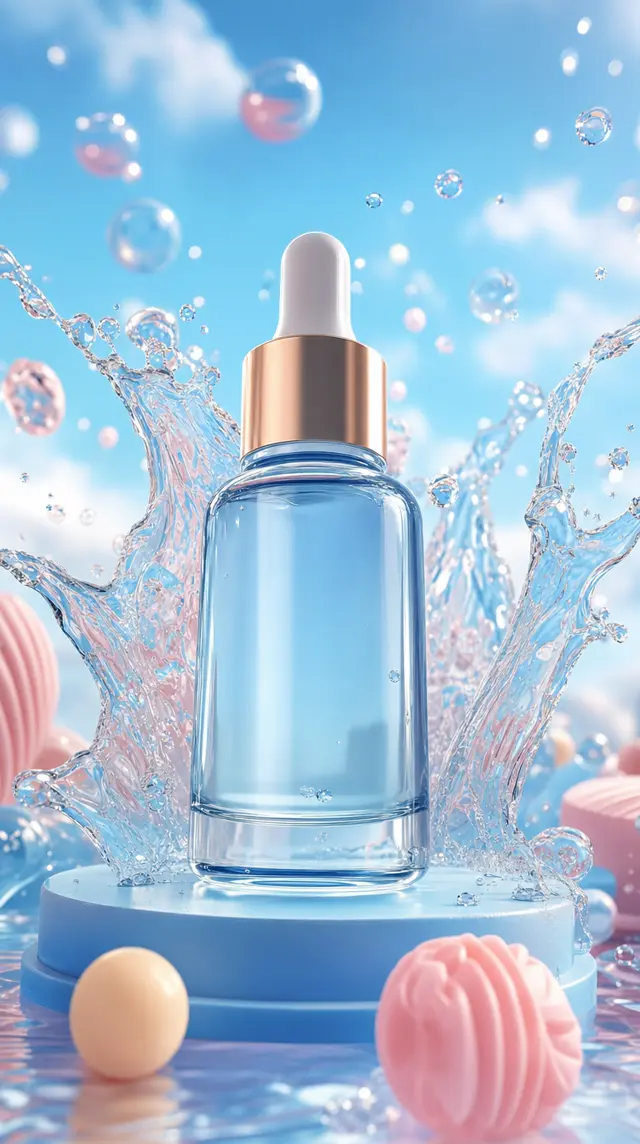 3D cartoon cosmetic bottle on a podium surrounded by a water splash, product film style