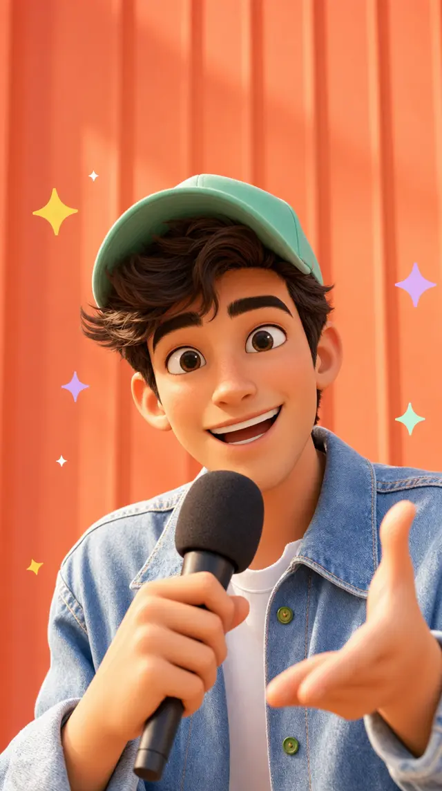 3D cartoon creator speaking into a microphone like a street interview reel
