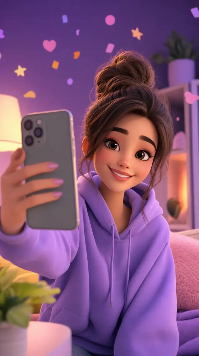 3D cartoon creator filming a UGC style review on her phone in a purple room